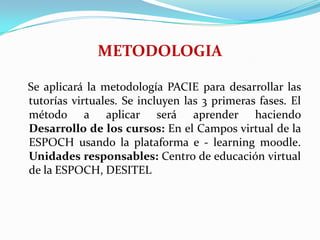 METODOLOGIA   Se aplicará la metodología PACIE para desarrollar las tutorías virtuales. Se incluyen las 3 primeras fases. El método a aplicar será aprender haciendo Desarrollo de los cursos: En el Campos virtual de la ESPOCH usando la plataforma e - learning moodle. Unidades responsables: Centro de educación virtual de la ESPOCH, DESITEL 