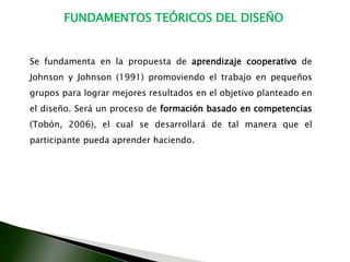 FUNDAMENTOS TEÓRICOS DEL DISEÑOSe fundamenta en la propuesta de aprendizaje cooperativo de Johnson y Johnson (1991) promoviendo el trabajo en pequeños grupos para lograr mejores resultados en el objetivo planteado en el diseño. Será un proceso de formación basado en competencias (Tobón, 2006), el cual se desarrollará de tal manera que el participante pueda aprender haciendo.