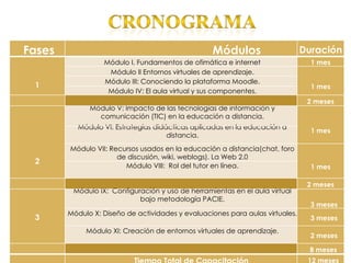 Fases                                             Módulos                      Duración
                  Módulo I. Fundamentos de ofimática e internet                  1 mes
   
                   Módulo II Entornos virtuales de aprendizaje.
                                                                                    
                  Módulo III: Conociendo la plataforma Moodle.
 1                                                                               1 mes
                   Módulo IV: El aula virtual y sus componentes.
                                                                                2 meses
             Módulo V: Impacto de las tecnologías de información y
                comunicación (TIC) en la educación a distancia.
                                                                                    
                                            
           Módulo VI: Estrategias didácticas aplicadas en la educación a
                                                                                 1 mes
                                     distancia.
                                             
        Módulo VII: Recursos usados en la educación a distancia(chat, foro
                      de discusión, wiki, weblogs). La Web 2.0                      
 2
                         Módulo VIII: Rol del tutor en línea.                    1 mes
                                             
                                                                                2 meses
         Módulo IX: Configuración y uso de herramientas en el aula virtual
                                                                                     
                             bajo metodología PACIE.
                                                                                 3 meses
        Módulo X: Diseño de actividades y evaluaciones para aulas virtuales.
 3                                           
                                                                                 3 meses

            Módulo XI: Creación de entornos virtuales de aprendizaje.
                                                                                 2 meses
                                             
                                                                                8 meses
                                                                                12 meses
 