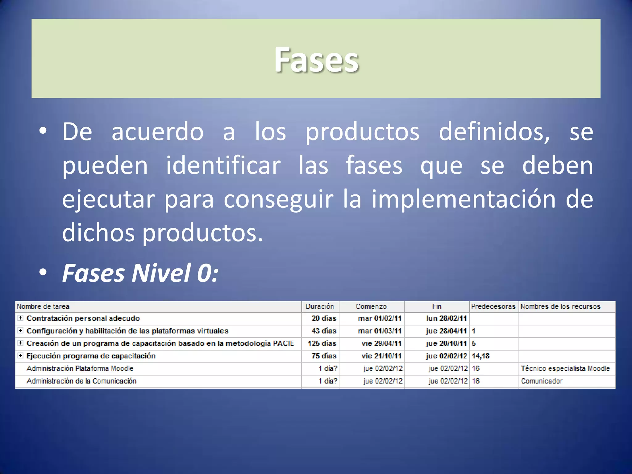 FasesDe acuerdo a los productos definidos, se pueden identificar las fases que se deben ejecutar para conseguir la implementación de dichos productos.Fases Nivel 0: