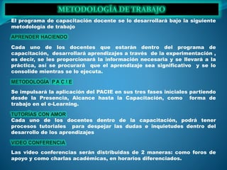 El programa de capacitación docente se lo desarrollará bajo la siguiente
metodología de trabajo
Cada uno de los docentes que estarán dentro del programa de
capacitación, desarrollará aprendizajes a través de la experimentación ,
es decir, se les proporcionará la información necesaria y se llevará a la
práctica, así se procurará que el aprendizaje sea significativo y se lo
consolide mientras se lo ejecuta.
Se impulsará la aplicación del PACIE en sus tres fases iníciales partiendo
desde la Presencia, Alcance hasta la Capacitación, como forma de
trabajo en el e-Learning.
Cada uno de los docentes dentro de la capacitación, podrá tener
procesos tutoriales para despejar las dudas e inquietudes dentro del
desarrollo de los aprendizajes
Las video conferencias serán distribuidas de 2 maneras: como foros de
apoyo y como charlas académicas, en horarios diferenciados.
 