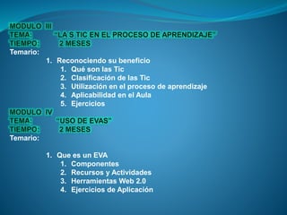 Temario:
1. Reconociendo su beneficio
1. Qué son las Tic
2. Clasificación de las Tic
3. Utilización en el proceso de aprendizaje
4. Aplicabilidad en el Aula
5. Ejercicios
Temario:
1. Que es un EVA
1. Componentes
2. Recursos y Actividades
3. Herramientas Web 2.0
4. Ejercicios de Aplicación
 