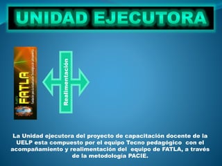 Realimentación
La Unidad ejecutora del proyecto de capacitación docente de la
UELP esta compuesto por el equipo Tecno pedagógico con el
acompañamiento y realimentación del equipo de FATLA, a través
de la metodología PACIE.
 