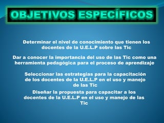 Dar a conocer la importancia del uso de las Tic como una
herramienta pedagógica para el proceso de aprendizaje
Determinar el nivel de conocimiento que tienen los
docentes de la U.E.L.P sobre las Tic
Seleccionar las estrategias para la capacitación
de los docentes de la U.E.L.P en el uso y manejo
de las Tic
Diseñar la propuesta para capacitar a los
docentes de la U.E.L.P en el uso y manejo de las
Tic
 