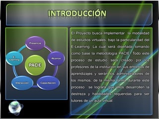 El Proyecto busca Implementar la modalidad
                                             de estudios virtuales, bajo la particularidad del
                   Presencia
                                             E-Learning. La cual será diseñada tomando
                                             como base la metodología PACIE. Todo este
   E-
                                   Alcance
Learning                                     proceso de estudio será creado por los
                   PACIE                     profesores de la institución en sus entornos de
                                             aprendizajes y serán los administradores de
                                             los mismos, de la misma forma durante este
     Interacción           Capacitación
                                             proceso    se logrará que ellos desarrollen la
                                             destreza y habilidades requeridas para ser
                                             tutores de un aula virtual.
 