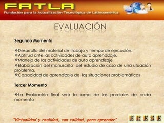Segundo Momento Desarrollo del material de trabajo y tiempo de ejecución. Aptitud ante las actividades de auto aprendizaje. Manejo de las actividades de auto aprendizaje  Elaboración del manuscrito  del estudio de caso de una situación problema. Capacidad de aprendizaje de  las situaciones problemáticas Tercer Momento La Evaluación final será la suma de las parciales de cada momento  “ Virtualidad y realidad, con calidad, para aprender” 