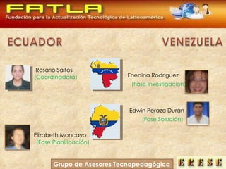 Rosario Saltos Enedina Rodríguez Edwin Peraza Durán Elizabeth Moncayo Grupo de Asesores Tecnopedagógica (Fase Investigación) (Fase Solución)  (Fase Planificación) (Coordinadora)  