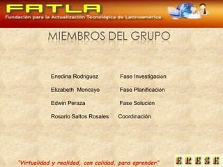 “ Virtualidad y realidad, con calidad, para aprender” Enedina Rodr í guez  Fase Investigaci ó n Elizabeth  Moncayo  Fase Planificaci ó n Edwin Peraza  Fase Soluci ó n  Rosario Saltos Rosales  Coordinación  