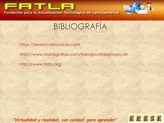 “ Virtualidad y realidad, con calidad, para aprender” https://session.wikispaces.com http://www.monografias.com/trabajos/elabproyec/elabproyec.shtml http://www.fatla.org/ 