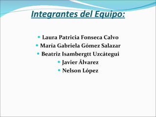Integrantes del Equipo: Laura Patricia Fonseca Calvo María Gabriela Gómez Salazar Beatriz Isambergtt Uzcátegui Javier Álvarez Nelson López 