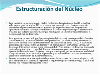 Estructuración del Núcleo  Para iniciar la estructuración del núcleo conforme a la metodología PACIE la cual ha sido  creada para incluir las TIC en la educación, pensando en el docente como eje esencial en el proceso de enseñanza aprendizaje, específicamente en los procesos operativos y administrativos; haciéndola más atractiva y significativa para el estudiante tratando que la tecno educación abarque más lugares sin importar las distancias ni el tiempo en el cual se desarrolle.  Para  que este proceso se logre dar a completitud debe existir una comunidad educativa con alto sentido de responsabilidad y comprometidos con el desarrollo y avance de la educación; se debe crear un Departamento de Educación en Línea (DEL ) el cual estará conformado por un docente, un técnico y  un comunicador;  un Campus Virtual, un Centro de Interacción Virtual y una Comunidad del Aprendizaje, en donde se gestiona la parte administrativa y el control de los procesos tecnológicos, estos departamentos aportan las herramientas al docentes para que pueda participar en esta nueva modalidad e impartir cursos de actualización al personal y así aprovechen al máximo los recursos; estos entes interactúan de manera simbiótica. De esta manera se estará cumpliendo la primera de las etapas  de la metodología la cual es la presencia. Para continuar se plasma la segunda etapa de la metodología la cual es el alcance y se refleja de la siguiente forme:  