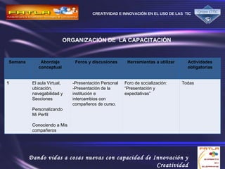 ORGANIZACIÓN DE  LA CAPACITACIÓN   Semana Abordaje conceptual Foros y discusiones Herramientas a utilizar Actividades obligatorias 1  El aula Virtual, ubicación, navegabilidad y Secciones   Personalizando Mi Perfil   Conociendo a Mis compañeros  -Presentación Personal -Presentación de la institución e intercambios con compañeros de curso.  Foro de socialización: “Presentación y expectativas”  Todas 
