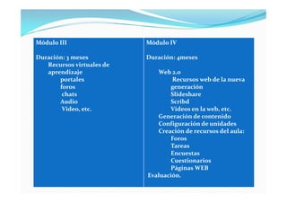 Módulo III                 Módulo IV

Duración: 3 meses          Duración: 4meses
   Recursos virtuales de
   aprendizaje                Web 2.0
       portales                    Recursos web de la nueva
       foros                       generación
        chats                      Slideshare
       Audio                       Scribd
        Video, etc.                Videos en la web, etc.
                              Generación de contenido
                              Configuración de unidades
                              Creación de recursos del aula:
                                   Foros
                                   Tareas
                                   Encuestas
                                   Cuestionarios
                                   Páginas WEB
                           Evaluación.
 
