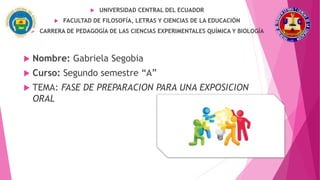  UNIVERSIDAD CENTRAL DEL ECUADOR
 FACULTAD DE FILOSOFÍA, LETRAS Y CIENCIAS DE LA EDUCACIÓN
 CARRERA DE PEDAGOGÍA DE LAS CIENCIAS EXPERIMENTALES QUÍMICA Y BIOLOGÍA
 Nombre: Gabriela Segobia
 Curso: Segundo semestre “A”
 TEMA: FASE DE PREPARACION PARA UNA EXPOSICION
ORAL
 