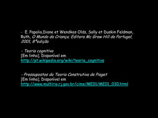 - E. Papalia,Diane et Wendkos Olds, Sally et Duskin Feldman,
Ruth, O Mundo da Criança; Editora Mc Graw Hill de Portugal,
2001, 8ªedição

- Teoria cognitiva
[Em linha]. Disponível em
http://pt.wikipedia.org/wiki/teoria_cognitiva


- Pressupostos da Teoria Construtiva de Piaget
[Em linha]. Disponível em
http://www.multirio.rj.gov.br/cime/ME01/ME01_030.html
 