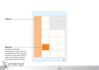 Colunas




Módulos
São divisões individuais
separadas por espaços uniformes,
possibilitando um grid ordenado e
repetitivo. Combinando módulos
pode-se criar colunas e espaços
horizontais de vários tamanhos.




                                    Núcleo de Tecnologia Digital Aplicada à Educação - NUTED
 