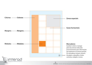 Colunas   Colunas                Zonas espaciais




                                 Guias horizontais
Margens   Margens




Módulos   Módulos                Marcadores
                                 Auxiliam o leitor a navegar
                                 pelo documento indicando
                                 posicionamento para informações
                                 que aparecem na mesma posição.
                                 Os marcadores incluem número
                                 de página, cabeçalhos, títulos
                                 correntes, rodapés e ícones.



                    Núcleo de Tecnologia Digital Aplicada à Educação - NUTED
 