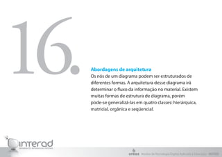 Abordagens de arquitetura
Os nós de um diagrama podem ser estruturados de
diferentes formas. A arquitetura desse diagrama irá
determinar o fluxo da informação no material. Existem
muitas formas de estrutura de diagrama, porém
pode-se generalizá-las em quatro classes: hierárquica,
matricial, orgânica e seqüencial.
16.
Núcleo de Tecnologia Digital Aplicada à Educação - NUTED
 