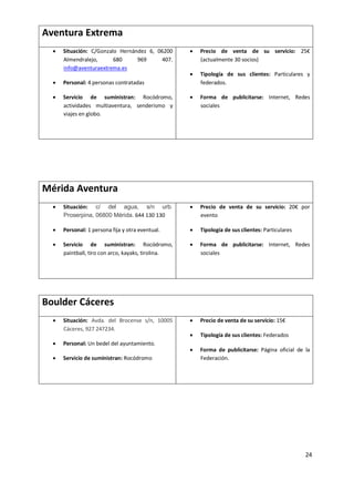 Aventura Extrema


Situación: C/Gonzalo Hernández 6, 06200
Almendralejo,
680
969
407.
info@aventuraextrema.es



Servicio de suministran: Rocódromo,
actividades multiaventura, senderismo y
viajes en globo.

Precio de venta de su servicio: 25€
(actualmente 30 socios)



Tipología de sus clientes: Particulares y
federados.



Forma de publicitarse: Internet, Redes
sociales

Personal: 4 personas contratadas





Mérida Aventura


Situación: c/ del agua, s/n urb.
Proserpina, 06800 Mérida. 644 130 130



Precio de venta de su servicio: 20€ por
evento



Personal: 1 persona fija y otra eventual.



Tipología de sus clientes: Particulares



Servicio de suministran: Rocódromo,
paintball, tiro con arco, kayaks, tirolina.



Forma de publicitarse: Internet, Redes
sociales



Precio de venta de su servicio: 15€



Tipología de sus clientes: Federados



Forma de publicitarse: Página oficial de la
Federación.

Boulder Cáceres


Situación: Avda. del Brocense s/n, 10005
Cáceres, 927 247234.



Personal: Un bedel del ayuntamiento.



Servicio de suministran: Rocódromo

24

 
