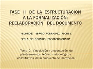 ALUMNOS:   SERGIO RODRIGUEZ FLORES.

  PERLA DEL ROSARIO ESCOBEDO GRACIA .




  Tema 2 Vinculación y presentación de
  planteamientos teórico metodológicos
constitutivos de la propuesta de innovación.
 