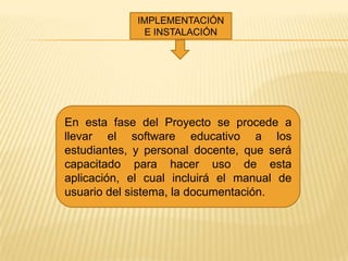 IMPLEMENTACIÓN
               E INSTALACIÓN




En esta fase del Proyecto se procede a
llevar el software educativo a los
estudiantes, y personal docente, que será
capacitado para hacer uso de esta
aplicación, el cual incluirá el manual de
usuario del sistema, la documentación.
 