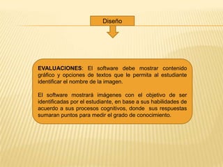 Diseño




EVALUACIONES: El software debe mostrar contenido
gráfico y opciones de textos que le permita al estudiante
identificar el nombre de la imagen.

El software mostrará imágenes con el objetivo de ser
identificadas por el estudiante, en base a sus habilidades de
acuerdo a sus procesos cognitivos, donde sus respuestas
sumaran puntos para medir el grado de conocimiento.
 