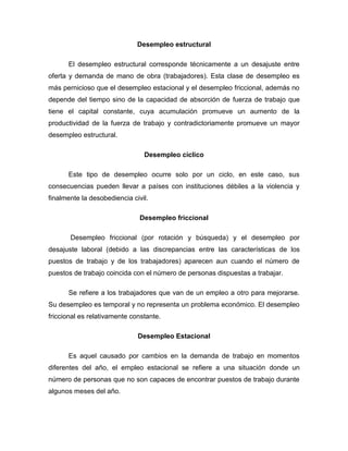 Desempleo estructural

      El desempleo estructural corresponde técnicamente a un desajuste entre
oferta y demanda de mano de obra (trabajadores). Esta clase de desempleo es
más pernicioso que el desempleo estacional y el desempleo friccional, además no
depende del tiempo sino de la capacidad de absorción de fuerza de trabajo que
tiene el capital constante, cuya acumulación promueve un aumento de la
productividad de la fuerza de trabajo y contradictoriamente promueve un mayor
desempleo estructural.

                                Desempleo cíclico

      Este tipo de desempleo ocurre solo por un ciclo, en este caso, sus
consecuencias pueden llevar a países con instituciones débiles a la violencia y
finalmente la desobediencia civil.

                               Desempleo friccional

       Desempleo friccional (por rotación y búsqueda) y el desempleo por
desajuste laboral (debido a las discrepancias entre las características de los
puestos de trabajo y de los trabajadores) aparecen aun cuando el número de
puestos de trabajo coincida con el número de personas dispuestas a trabajar.

      Se refiere a los trabajadores que van de un empleo a otro para mejorarse.
Su desempleo es temporal y no representa un problema económico. El desempleo
friccional es relativamente constante.

                              Desempleo Estacional

      Es aquel causado por cambios en la demanda de trabajo en momentos
diferentes del año, el empleo estacional se refiere a una situación donde un
número de personas que no son capaces de encontrar puestos de trabajo durante
algunos meses del año.
 