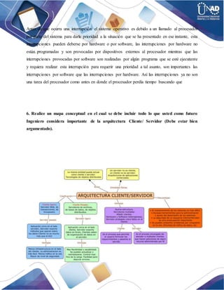 Antes de que ocurra una interrupción el sistema operativo es debido a un llamado al procesador
por parte del sistema para darle prioridad a la situación que se ha presentado en ese instante, esta
interrupciones pueden deberse por hardware o por software, las interrupciones por hardware no
están programadas y son provocadas por dispositivos externos al procesador mientras que las
interrupciones provocadas por software son realizadas por algún programa que se esté ejecutante
y requiera realizar esta interrupción para requerir una prioridad a tal asunto, son importantes las
interrupciones por software que las interrupciones por hardware. Así las interrupciones ya no son
una tarea del procesador como antes en donde el procesador perdía tiempo buscando que
6. Realice un mapa conceptual en el cual se debe incluir todo lo que usted como futuro
Ingeniero considera importante de la arquitectura Cliente/ Servidor (Debe estar bien
argumentado).
 