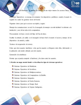 Administrador del Hardware: Se encarga de manejar de una mejor manera los recursos físicos de
la computadora.
Relacionar dispositivos: se encarga de comunicar los dispositivos periféricos cuando el usuario lo
requiera los cuales los gestiona través del kernel.
Organizar datos: para que su acceso sea rápido y seguro.
Manejar las comunicaciones en red: Es el encargado de manejar con alta facilidad lo referente a la
instalación y uso de las redes de la computadora.
Procesamiento de bytes a través del flujo del bus de datos.
Facilitar la entrada y la salida: es el encargado de hacer fácil al usuario el acceso y manejo de los
dispositivos de entrada y salida.
Técnicas de recuperación de errores.
Evitar que otros usuarios interfieran: evita que los usuarios se bloqueen entre ellos, informando si
la aplicación está siendo utilizada por otro usuario.
Generación de estadísticas:
Permite que se pueda compartir el hardware y los datos entre los usuarios.
3. Realice un mapa mental donde se describan los tipos de sistemas operativos:
Sistemas Operativos de Mainframe.
Sistemas Operativos de Servidores.
Sistemas Operativos de Multiprocesadores.
Sistemas Operativos de Computadoras de Bolsillo.
Sistemas Operativos Integrados.
Sistemas Operativos de Nodos Sensores.
Sistemas Operativos en Tiempo Real.
Sistemas Operativos de Tarjetas Inteligentes.
 