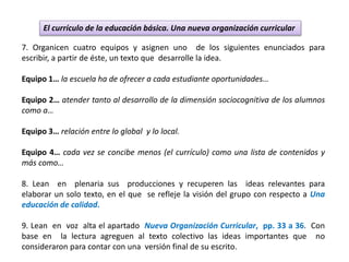 El currículo de la educación básica. Una nueva organización curricular
7. Organicen cuatro equipos y asignen uno de los siguientes enunciados para
escribir, a partir de éste, un texto que desarrolle la idea.
Equipo 1… la escuela ha de ofrecer a cada estudiante oportunidades…
Equipo 2… atender tanto al desarrollo de la dimensión sociocognitiva de los alumnos
como a…
Equipo 3… relación entre lo global y lo local.
Equipo 4… cada vez se concibe menos (el currículo) como una lista de contenidos y
más como…
8. Lean en plenaria sus producciones y recuperen las ideas relevantes para
elaborar un solo texto, en el que se refleje la visión del grupo con respecto a Una
educación de calidad.
9. Lean en voz alta el apartado Nueva Organización Curricular, pp. 33 a 36. Con
base en la lectura agreguen al texto colectivo las ideas importantes que no
consideraron para contar con una versión final de su escrito.
 