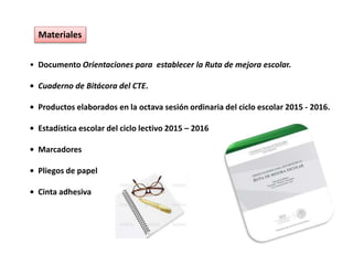 Materiales
• Documento Orientaciones para establecer la Ruta de mejora escolar.
• Cuaderno de Bitácora del CTE.
• Productos elaborados en la octava sesión ordinaria del ciclo escolar 2015 - 2016.
• Estadística escolar del ciclo lectivo 2015 – 2016
• Marcadores
• Pliegos de papel
• Cinta adhesiva
 