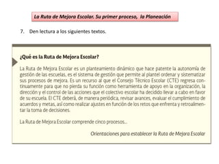 La Ruta de Mejora Escolar. Su primer proceso, la Planeación
7. Den lectura a los siguientes textos.
 