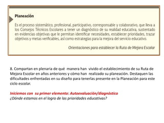 8. Compartan en plenaria de qué manera han vivido el establecimiento de su Ruta de
Mejora Escolar en años anteriores y cómo han realizado su planeación. Destaquen las
dificultades enfrentadas en su diseño para tenerlas presente en la Planeación para este
ciclo escolar.
Iniciemos con su primer elemento: Autoevaluación/diagnóstico
¿Dónde estamos en el logro de las prioridades educativas?
 