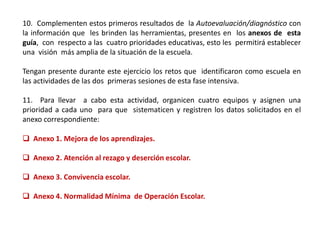 10. Complementen estos primeros resultados de la Autoevaluación/diagnóstico con
la información que les brinden las herramientas, presentes en los anexos de esta
guía, con respecto a las cuatro prioridades educativas, esto les permitirá establecer
una visión más amplia de la situación de la escuela.
Tengan presente durante este ejercicio los retos que identificaron como escuela en
las actividades de las dos primeras sesiones de esta fase intensiva.
11. Para llevar a cabo esta actividad, organicen cuatro equipos y asignen una
prioridad a cada uno para que sistematicen y registren los datos solicitados en el
anexo correspondiente:
❑ Anexo 1. Mejora de los aprendizajes.
❑ Anexo 2. Atención al rezago y deserción escolar.
❑ Anexo 3. Convivencia escolar.
❑ Anexo 4. Normalidad Mínima de Operación Escolar.
 