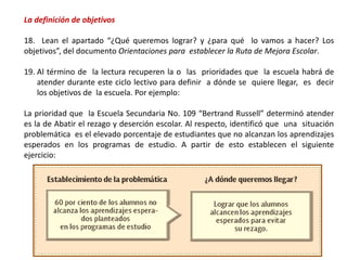 La definición de objetivos
18. Lean el apartado “¿Qué queremos lograr? y ¿para qué lo vamos a hacer? Los
objetivos”, del documento Orientaciones para establecer la Ruta de Mejora Escolar.
19. Al término de la lectura recuperen la o las prioridades que la escuela habrá de
atender durante este ciclo lectivo para definir a dónde se quiere llegar, es decir
los objetivos de la escuela. Por ejemplo:
La prioridad que la Escuela Secundaria No. 109 “Bertrand Russell” determinó atender
es la de Abatir el rezago y deserción escolar. Al respecto, identificó que una situación
problemática es el elevado porcentaje de estudiantes que no alcanzan los aprendizajes
esperados en los programas de estudio. A partir de esto establecen el siguiente
ejercicio:
 