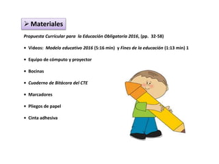 Propuesta Curricular para la Educación Obligatoria 2016, (pp. 32-58)
• Videos: Modelo educativo 2016 (5:16 min) y Fines de la educación (1:13 min) 1
• Equipo de cómputo y proyector
• Bocinas
• Cuaderno de Bitácora del CTE
• Marcadores
• Pliegos de papel
• Cinta adhesiva
Materiales
 