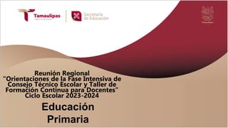 Reunión Regional
“Orientaciones de la Fase Intensiva de
Consejo Técnico Escolar y Taller de
Formación Continua para Docentes”
Ciclo Escolar 2023-2024
Educación
Primaria
 