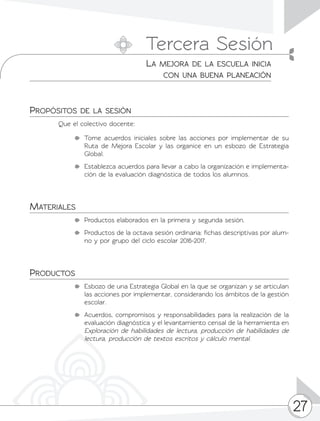 27
Tercera Sesión
La mejora de la escuela inicia
con una buena planeación
Propósitos de la sesión
Que el colectivo docente:
	 Tome acuerdos iniciales sobre las acciones por implementar de su
Ruta de Mejora Escolar y las organice en un esbozo de Estrategia
Global.
	 Establezca acuerdos para llevar a cabo la organización e implementa-
ción de la evaluación diagnóstica de todos los alumnos.
Materiales
	 Productos elaborados en la primera y segunda sesión.
	 Productos de la octava sesión ordinaria: fichas descriptivas por alum-
no y por grupo del ciclo escolar 2016-2017.
Productos
	 Esbozo de una Estrategia Global en la que se organizan y se articulan
las acciones por implementar, considerando los ámbitos de la gestión
escolar.
	 Acuerdos, compromisos y responsabilidades para la realización de la
evaluación diagnóstica y el levantamiento censal de la herramienta en
Exploración de habilidades de lectura, producción de habilidades de
lectura, producción de textos escritos y cálculo mental.
 