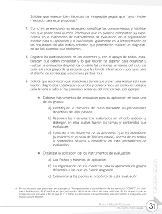 Ruta de Mejora Escolar	
Educación Secundaria 31
TERCERASESIÓN
	 Solicite que intercambien técnicas de integración grupal que hayan imple-
mentado para este propósito.13
7.	 Como ya se mencionó, es necesario identificar los conocimientos y habilida-
des que posee cada alumno. Promueva que en plenaria compartan su expe-
riencia en la elaboración de instrumentos de evaluación, en la organización
escolar para su aplicación y la calificación, igualmente en la interpretación de
los resultados del año lectivo anterior, que permitieron realizar un diagnósti-
co de los alumnos que recibieron.
8.	 Registre las participaciones de los docentes y, con el apoyo de todos, esta-
blezcan qué deben consolidar y lo que habrán de superar para organizar y
realizar la evaluación diagnóstica durante las primeras semanas del ciclo es-
colar en cada grupo de la escuela, que les brinde información oportuna para
el diseño de estrategias educativas pertinentes.
9.	 Solicite que reconozcan qué situaciones tienen que prever para realizar esta eva-
luación diagnóstica. Establezcan acuerdos y compromisos, así como los tiempos
para llevarla a cabo en las próximas semanas del ciclo escolar; por ejemplo:
	 Elaborar instrumentos de evaluación para su aplicación en cada uno
de los grupos:
a)	 Identifiquen lo relevante del curso mediante las planeaciones
didácticas del año pasado.
b)	Retomen los instrumentos elaborados en el ciclo anterior y
distingan en ellos cuáles fueron los temas y contenidos que
evaluaban.
c)	 Consulte a los maestros de su Academia, que los atendieron
(al maestro en el caso de Telesecundaria), acerca de los temas
o contenidos básicos a considerar en este instrumento de
evaluación.
	 Organizar la aplicación de los instrumentos de evaluación:
a)	 Las fechas y horarios de aplicación.
b)	 La organización de los maestros para la aplicación en grupos
diferentes a los que les fueron asignaron.
c)	 Comunicar a los padres el propósito de esta evaluación.
13	 En las escuelas que participan en el proyecto “Reorganización y consolidación de los servicios CONAFE”, los Ase-
sores Académicos de Consolidación proporcionarán información sobre las características de los alumnos que se
incorporan a la escuela, a fin de que el CTE tome las decisiones más pertinentes para atenderlos e integrarlos a la
nueva cultura escolar.
 