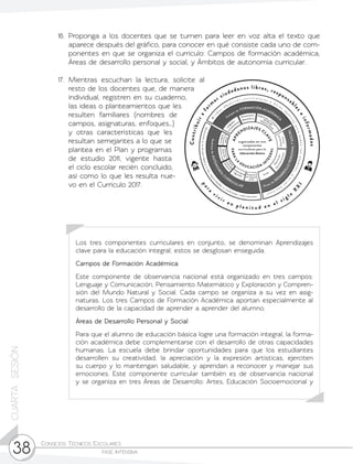 Consejos Técnicos Escolares	
fase intensiva38
CUARTASESIÓN
16.	Proponga a los docentes que se turnen para leer en voz alta el texto que
aparece después del gráfico, para conocer en qué consiste cada uno de com-
ponentes en que se organiza el currículo: Campos de formación académica,
Áreas de desarrollo personal y social, y Ámbitos de autonomía curricular.
17.	Mientras escuchan la lectura, solicite al
resto de los docentes que, de manera
individual, registren en su cuaderno,
las ideas o planteamientos que les
resulten familiares (nombres de
campos, asignaturas, enfoques…)
y otras características que les
resultan semejantes a lo que se
plantea en el Plan y programas
de estudio 2011, vigente hasta
el ciclo escolar recién concluido,
así como lo que les resulta nue-
vo en el Currículo 2017.
Los tres componentes curriculares en conjunto, se denominan Aprendizajes
clave para la educación integral; estos se desglosan enseguida.
Campos de Formación Académica
Este componente de observancia nacional está organizado en tres campos:
Lenguaje y Comunicación, Pensamiento Matemático y Exploración y Compren-
sión del Mundo Natural y Social. Cada campo se organiza a su vez en asig-
naturas. Los tres Campos de Formación Académica aportan especialmente al
desarrollo de la capacidad de aprender a aprender del alumno.
Áreas de Desarrollo Personal y Social
Para que el alumno de educación básica logre una formación integral, la forma-
ción académica debe complementarse con el desarrollo de otras capacidades
humanas. La escuela debe brindar oportunidades para que los estudiantes
desarrollen su creatividad, la apreciación y la expresión artísticas, ejerciten
su cuerpo y lo mantengan saludable, y aprendan a reconocer y manejar sus
emociones. Este componente curricular también es de observancia nacional
y se organiza en tres Áreas de Desarrollo: Artes, Educación Socioemocional y
 