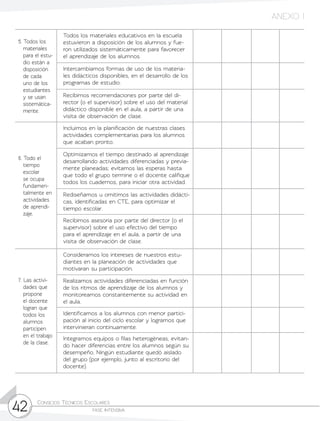 Consejos Técnicos Escolares	
fase intensiva42
5. Todos los
materiales
para el estu-
dio están a
disposición
de cada
uno de los
estudiantes
y se usan
sistemática-
mente.
Todos los materiales educativos en la escuela
estuvieron a disposición de los alumnos y fue-
ron utilizados sistemáticamente para favorecer
el aprendizaje de los alumnos.
Intercambiamos formas de uso de los materia-
les didácticos disponibles, en el desarrollo de los
programas de estudio.
Recibimos recomendaciones por parte del di-
rector (o el supervisor) sobre el uso del material
didáctico disponible en el aula, a partir de una
visita de observación de clase.
6. Todo el
tiempo
escolar
se ocupa
fundamen-
talmente en
actividades
de aprendi-
zaje.
Incluimos en la planificación de nuestras clases
actividades complementarias para los alumnos
que acaban pronto.
Optimizamos el tiempo destinado al aprendizaje
desarrollando actividades diferenciadas y previa-
mente planeadas; evitamos las esperas hasta
que todo el grupo termine o el docente califique
todos los cuadernos, para iniciar otra actividad.
Rediseñamos u omitimos las actividades didácti-
cas, identificadas en CTE, para optimizar el
tiempo escolar.
Recibimos asesoría por parte del director (o el
supervisor) sobre el uso efectivo del tiempo
para el aprendizaje en el aula, a partir de una
visita de observación de clase.
7. Las activi-
dades que
propone
el docente
logran que
todos los
alumnos
participen
en el trabajo
de la clase.
Consideramos los intereses de nuestros estu-
diantes en la planeación de actividades que
motivaran su participación.
Realizamos actividades diferenciadas en función
de los ritmos de aprendizaje de los alumnos y
monitoreamos constantemente su actividad en
el aula.
Identificamos a los alumnos con menor partici-
pación al inicio del ciclo escolar y logramos que
intervinieran continuamente.
Integramos equipos o filas heterogéneas, evitan-
do hacer diferencias entre los alumnos según su
desempeño. Ningún estudiante quedó aislado
del grupo (por ejemplo, junto al escritorio del
docente).
ANEXO 1
 