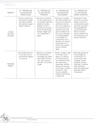 Consejos Técnicos Escolares	
fase intensiva56
ÁMBITO
AL TÉRMINO DE
LA EDUCACIÓN
PREESCOLAR
AL TÉRMINO DE
LA EDUCACIÓN
PRIMARIA
AL TÉRMINO DE
LA EDUCACIÓN
SECUNDARIA
AL TÉRMINO DE
LA EDUCACIÓN
MEDIA SUPERIOR
Cuidado
del medio
ambiente
• Conoce y practica há-
bitos para el cuidado
del medio ambiente
(por ejemplo, recoger y
separa la basura).
• Reconoce la importan-
cia del cuidado del me-
dio ambiente. Identifica
problemas locales y
globales, así como
soluciones que puede
poner en práctica (por
ejemplo, apagar la luz
y no desperdiciar el
agua).
• Promueve el cuidado
del medio ambiente de
forma activa. Identifica
problemas relaciona-
dos con el cuidado de
los ecosistemas y las
soluciones que impli-
quen la utilización de
los recursos naturales
con responsabilidad
y racionalidad. Se
compromete con la
aplicación de acciones
sustentables en su
entorno (por ejemplo,
reciclar y ahorrar
agua).
• Comprende la impor-
tancia de la sustenta-
bilidad y asume una
actitud proactiva para
encontrar soluciones.
Piensa globalmente
y actúa localmente.
Valora el impacto
social y ambiental de
las innovaciones y los
avances científicos.
Habilidades
digitales
• Está familiarizado con
el uso básico de las
herramientas digitales
a su alcance.
• Identifica una variedad
de herramientas y
tecnologías que utiliza
para obtener informa-
ción, crear, practicar,
aprender, comunicarse
y jugar.
• Analiza, compara y elige
los recursos tecno-
lógicos a su alcance
y los aprovecha con
una variedad de fines,
de manera ética y
responsable. Aprende
diversas formas para
comunicarse y obtener
información, selec-
cionarla, analizarla,
evaluarla, discriminarla
y organizarla.
• Utiliza adecuadamente
las tecnologías de
la información y la
comunicación para
investigar, resolver
problemas, producir
materiales y expresar
ideas. Aprovecha
estas tecnologías para
desarrollar ideas e
innovaciones.
ANEXO 5
 