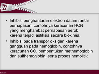 • Inhibisi penghantaran elektron dalam rantai
  pernapasan, contohnya keracunan HCN
  yang menghambat pernapasan aerob,
  karena terjadi asfiksia secara biokimia.
• Inhibisi pada transpor oksigen karena
  gangguan pada hemoglobin, contohnya
  keracunan CO, pembentukan methemoglobin
  dan sulfhemoglobin, serta proses hemolitik
 