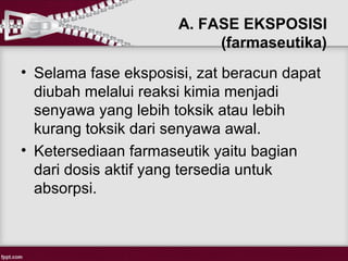 A. FASE EKSPOSISI
                           (farmaseutika)
• Selama fase eksposisi, zat beracun dapat
  diubah melalui reaksi kimia menjadi
  senyawa yang lebih toksik atau lebih
  kurang toksik dari senyawa awal.
• Ketersediaan farmaseutik yaitu bagian
  dari dosis aktif yang tersedia untuk
  absorpsi.
 