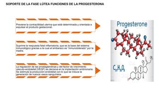 SOPORTE DE LA FASE LÚTEA FUNCIONES DE LA PROGESTERONA
Previene la contractilidad uterina que está determinada y orientada a
expulsar el producto gestacional.
Suprime la respuesta fetal inflamatoria, que es la base del sistema
inmunológico gracias a la cual el embarazo es “inmunotolerado” por la
madre.
La regulación de las prostaglandinas y del factor de crecimiento
vásculo-endotelial (VEGF) es decisiva en la implantación embrionaria.
Se estimula la producción endotelial con lo que se induce la
generación de nuevos vasos sanguíneos
 