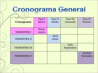 Cronograma Fase I Básico Fase II Medio Fase III Avanzado Fase IV Práctico TRIMESTRE I Enero marzo TRIMESTRE II Abril Junio TRIMESTRE III Julio Septiembre TRIMESTRE IV Octubre Diciembre 