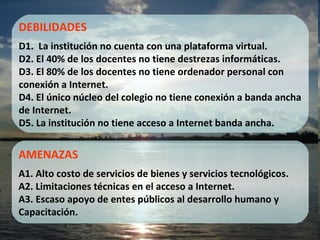 DEBILIDADES D1.  La institución no cuenta con una plataforma virtual. D2. El 40% de los docentes no tiene destrezas informáticas. D3. El 80% de los docentes no tiene ordenador personal con  conexión a Internet. D4. El único núcleo del colegio no tiene conexión a banda ancha de Internet. D5. La institución no tiene acceso a Internet banda ancha. AMENAZAS A1. Alto costo de servicios de bienes y servicios tecnológicos. A2. Limitaciones técnicas en el acceso a Internet. A3. Escaso apoyo de entes públicos al desarrollo humano y  Capacitación. 