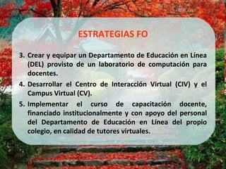 ESTRATEGIAS FO Crear y equipar un Departamento de Educación en Línea (DEL) provisto de un laboratorio de computación para docentes.  Desarrollar el Centro de Interacción Virtual (CIV) y el Campus Virtual (CV). Implementar el curso de capacitación docente, financiado institucionalmente y con apoyo del personal del Departamento de Educación en Línea del propio colegio, en calidad de tutores virtuales.  