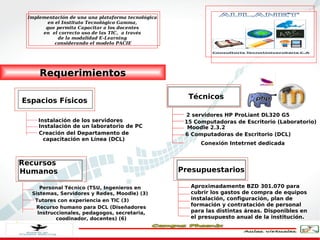Implementación de una una plataforma tecnológica
        en el Instituto Tecnológico Gamma,
       que permita Capacitar a los docentes
      en el correcto uso de las TIC, a través
            de la modalidad E-Learning
           considerando el modelo PACIE




     Requerimientos

                                                      Técnicos
Espacios Físicos
                                                     2 servidores HP ProLiant DL320 G5
     Instalación de los servidores                   15 Computadoras de Escritorio (Laboratorio)
     Instalación de un laboratorio de PC              Moodle 2.3.2
     Creación del Departamento de                    6 Computadoras de Escritorio (DCL)
       capacitación en Línea (DCL)
                                                          Conexión Intetrnet dedicada


Recursos
Humanos                                             Presupuestarios

     Personal Técnico (TSU, Ingenieros en              Aproximadamente BZD 301.070 para
  Sistemas, Servidores y Redes, Moodle) (3)            cubrir los gastos de compra de equipos
   Tutores con experiencia en TIC (3)                  instalación, configuración, plan de
    Recurso humano para DCL (Diseñadores               formación y contratación de personal
    Instruccionales, pedagogos, secretaria,            para las distintas áreas. Disponibles en
           coodinador, docentes) (6)                   el presupuesto anual de la institución.
 