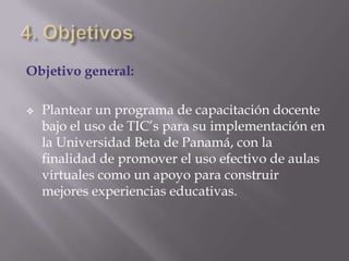 c) Justificación del Problema:Situación Institucional:La Universidad Beta cuenta con 160 docentes repartidos en sus tres sedes y núcleos,  y posee dos plataformas Moodle para Educación Virtual que no están configuradas y por lo tanto no han sido usadas 	Es menester mencionar que el 60% de los docentes no tienen destrezas informáticas aunque el 70% cuenta con un ordenador personal con conexión a internet.  Adicionalmente uno de los núcleos no tiene conexión de banda ancha a internet.  	Es así que una vez finalizado este proceso, se dispondrá de personal docente capacitado, en el manejo y uso de las herramientas de Moodle, y que sean capaces de crear y administrar aulas virtuales de gran impacto y trascendencia en sus alumnos, en donde cada aula mantenga presencia, determine alcances y desarrolle destrezas.  Además que estén desarrolladas bajo una correcta metodología pedagógica; se podrán beneficiar todos los docentes objetos de estudio de dicha casa universitaria,  dado que un profesor formado en el manejo de las TIC para su aplicación en la educación virtual,  será un profesional que estará en la vanguardia tecnológica así como de los modelos educativos alternativos obteniendo beneficios en su práctica pedagógica. 